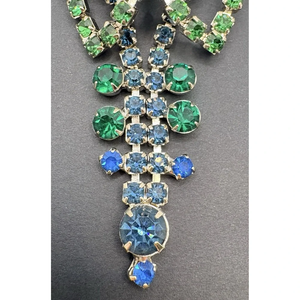 Vintage‎ Blue & Green Crystal Dangle Tassel Brooch Silver Tone Art Deco Style